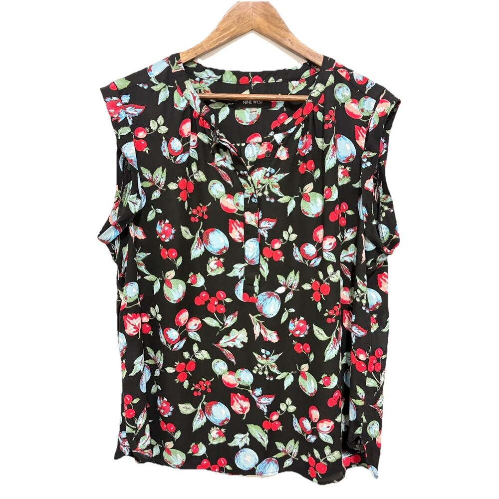 Nine West XL Black Fruit Print Sleeveless Blouse Cherry Berry Plum Top￼